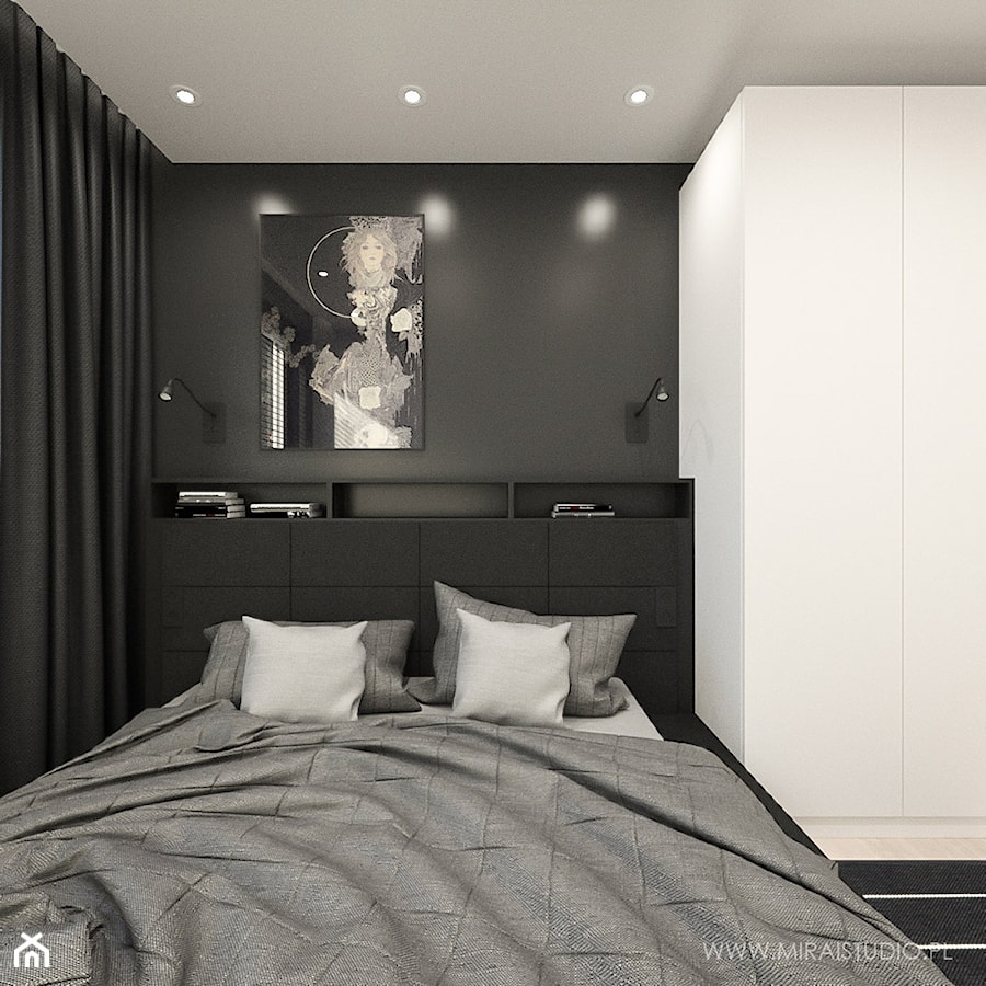 WARSZAWA, NOWAKA-JEZIORAŃSKIEGO - MIESZKANIE - Mała czarna sypialnia, styl minimalistyczny - zdjęcie od MIRAI STUDIO