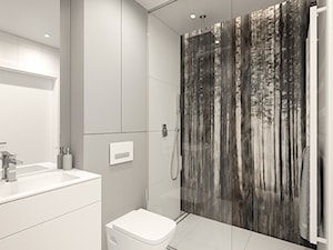 WARSZAWA, NOWAKA-JEZIORAŃSKIEGO - MIESZKANIE - Średnia bez okna z lustrem ze szkłem na ścianie z punktowym oświetleniem łazienka, styl minimalistyczny - zdjęcie od MIRAI STUDIO