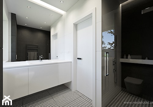 OLKUSZ, SŁONECZNA - DOM - Średnia z lustrem z punktowym oświetleniem łazienka z oknem, styl minimalistyczny - zdjęcie od MIRAI STUDIO