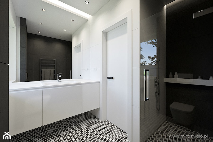 OLKUSZ, SŁONECZNA - DOM - Średnia z lustrem z punktowym oświetleniem łazienka z oknem, styl minimalistyczny - zdjęcie od MIRAI STUDIO