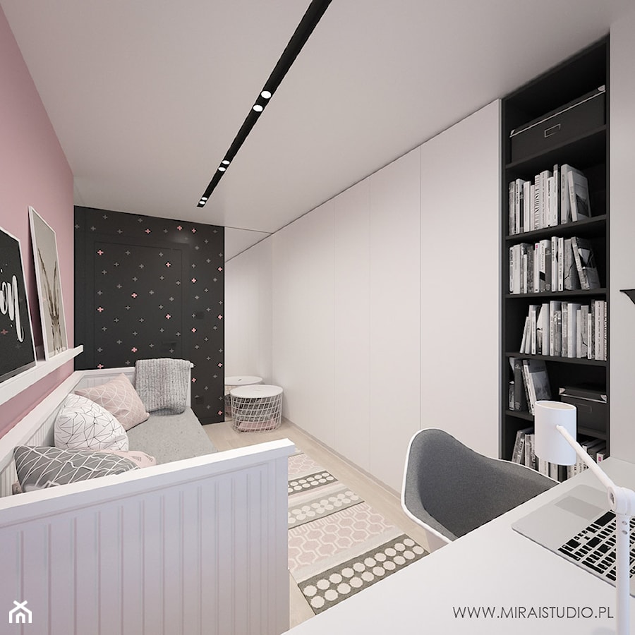 KRAKÓW, BOHATERÓW WRZEŚNIA - MIESZKANIE - Duży biały różowy pokój dziecka dla nastolatka dla dziewczynki, styl minimalistyczny - zdjęcie od MIRAI STUDIO