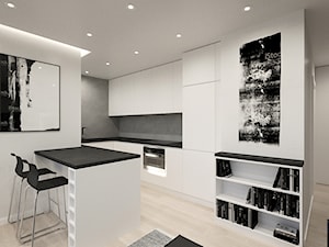 WARSZAWA, NOWAKA-JEZIORAŃSKIEGO - MIESZKANIE - Średnia otwarta z salonem z kamiennym blatem biała czarna z zabudowaną lodówką z podblatowym zlewozmywakiem kuchnia w kształcie litery u, styl minimalistyczny - zdjęcie od MIRAI STUDIO