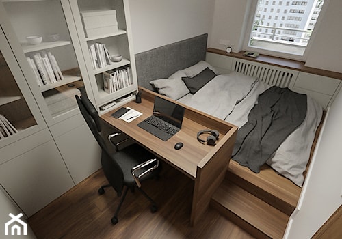KRAKÓW, START CITY - MIESZKANIE - Mała biała z biurkiem sypialnia, styl minimalistyczny - zdjęcie od MIRAI STUDIO