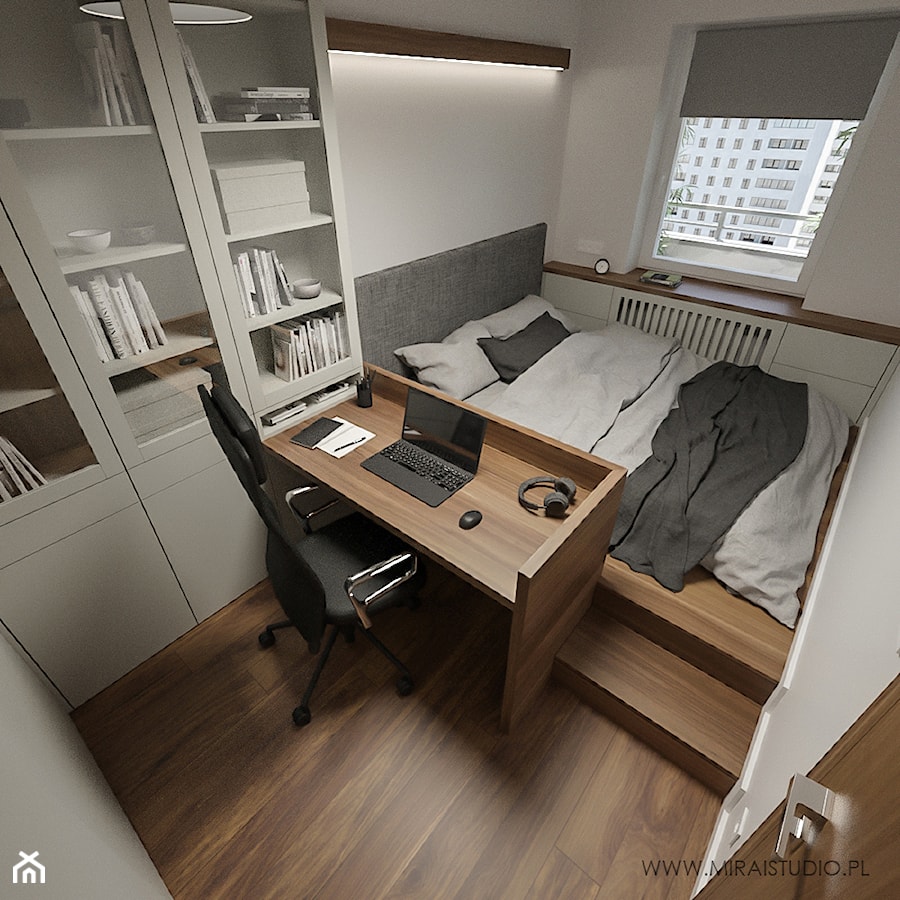 KRAKÓW, START CITY - MIESZKANIE - Mała biała z biurkiem sypialnia, styl minimalistyczny - zdjęcie od MIRAI STUDIO
