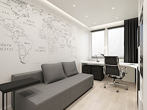 WARSZAWA, NOWAKA-JEZIORAŃSKIEGO - MIESZKANIE - Średnie w osobnym pomieszczeniu z sofą z zabudowanym biurkiem białe czarne biuro, styl minimalistyczny - zdjęcie od MIRAI STUDIO