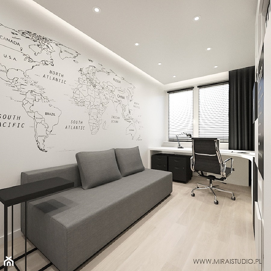WARSZAWA, NOWAKA-JEZIORAŃSKIEGO - MIESZKANIE - Średnie w osobnym pomieszczeniu z sofą z zabudowanym biurkiem białe czarne biuro, styl minimalistyczny - zdjęcie od MIRAI STUDIO
