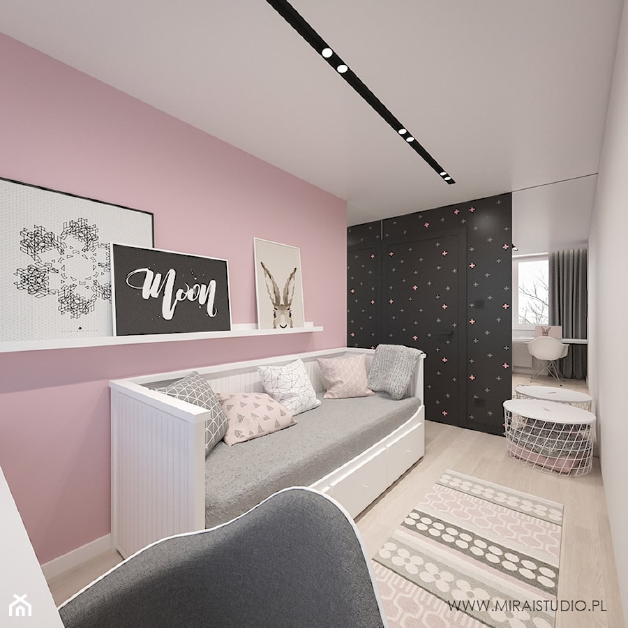 KRAKÓW, BOHATERÓW WRZEŚNIA - MIESZKANIE - Mały biały czarny różowy pokój dziecka dla nastolatka dla dziewczynki, styl minimalistyczny - zdjęcie od MIRAI STUDIO
