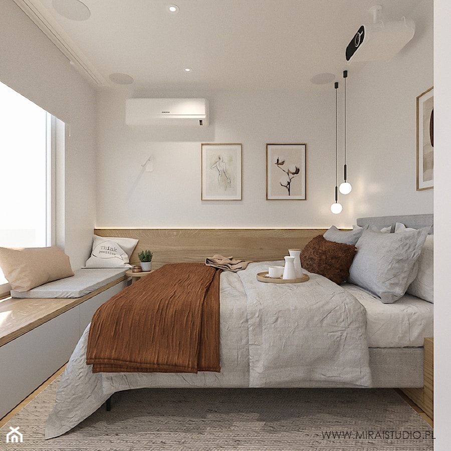 KRAKÓW, SIARCZANOGÓRSKA - DOM - Mała beżowa biała sypialnia, styl skandynawski - zdjęcie od MIRAI STUDIO