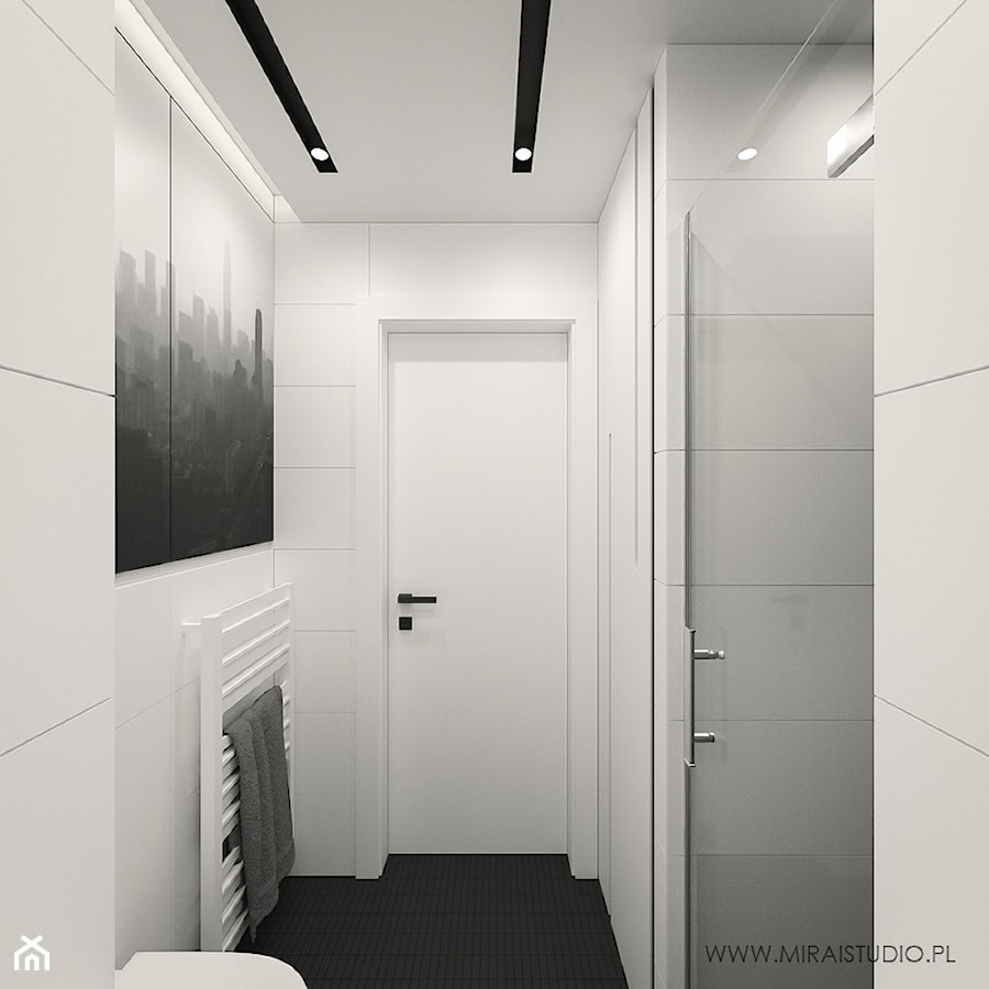 KRAKÓW, BOHATERÓW WRZEŚNIA - MIESZKANIE - Średnia bez okna ze szkłem na ścianie z punktowym oświetleniem łazienka, styl minimalistyczny - zdjęcie od MIRAI STUDIO