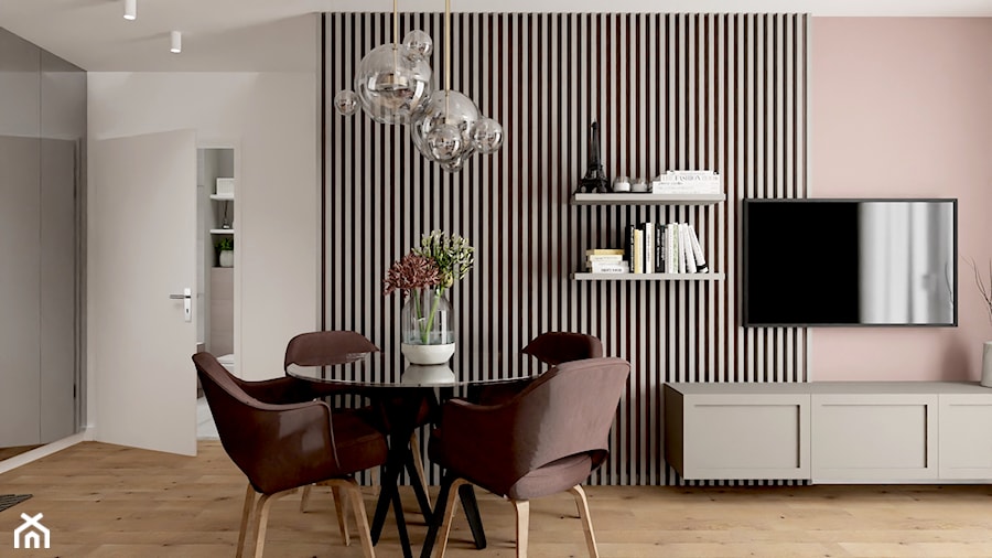 Projekt mieszkania dla singielki - Mała beżowa biała różowa jadalnia w salonie, styl nowoczesny - zdjęcie od n.strzyga - Natalia Strzyga