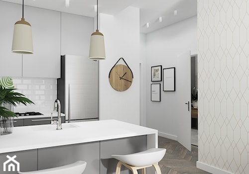 mieszkanie - wizualizacje - Średnia otwarta z salonem biała z zabudowaną lodówką z podblatowym zlewozmywakiem kuchnia dwurzędowa, styl nowoczesny - zdjęcie od n.strzyga - Natalia Strzyga