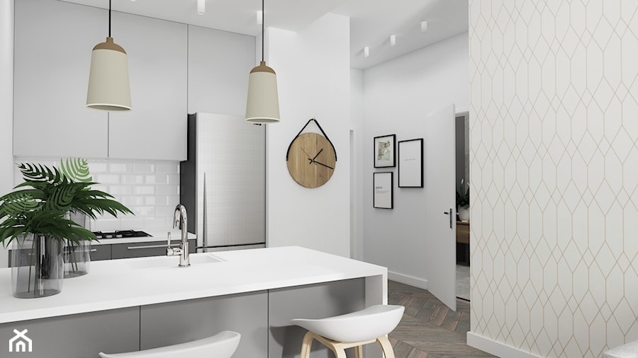 mieszkanie - wizualizacje - Średnia otwarta z salonem biała z zabudowaną lodówką z podblatowym zlewozmywakiem kuchnia dwurzędowa, styl nowoczesny - zdjęcie od n.strzyga - Natalia Strzyga