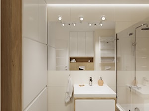 Drewno w łazience - Mała bez okna z lustrem z punktowym oświetleniem łazienka, styl nowoczesny - zdjęcie od JTG Design
