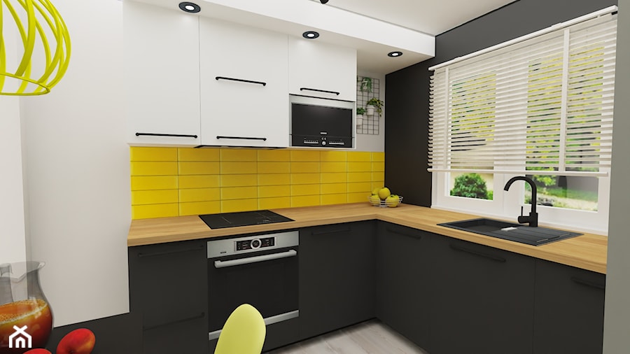 Kuchnia z żółtym akcentem - Średnia otwarta biała czarna z zabudowaną lodówką z nablatowym zlewozmywakiem kuchnia w kształcie litery l z oknem, styl nowoczesny - zdjęcie od JTG Design