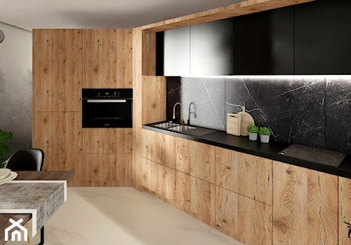 Eleganckie wnętrze - Średnia otwarta z salonem czarna z zabudowaną lodówką z nablatowym zlewozmywakiem kuchnia w kształcie litery l, styl nowoczesny - zdjęcie od NORDMOSS