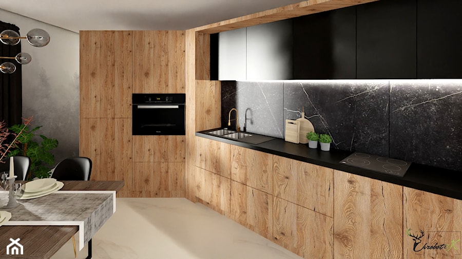 Eleganckie wnętrze - Średnia otwarta z salonem czarna z zabudowaną lodówką z nablatowym zlewozmywakiem kuchnia w kształcie litery l, styl nowoczesny - zdjęcie od NORDMOSS