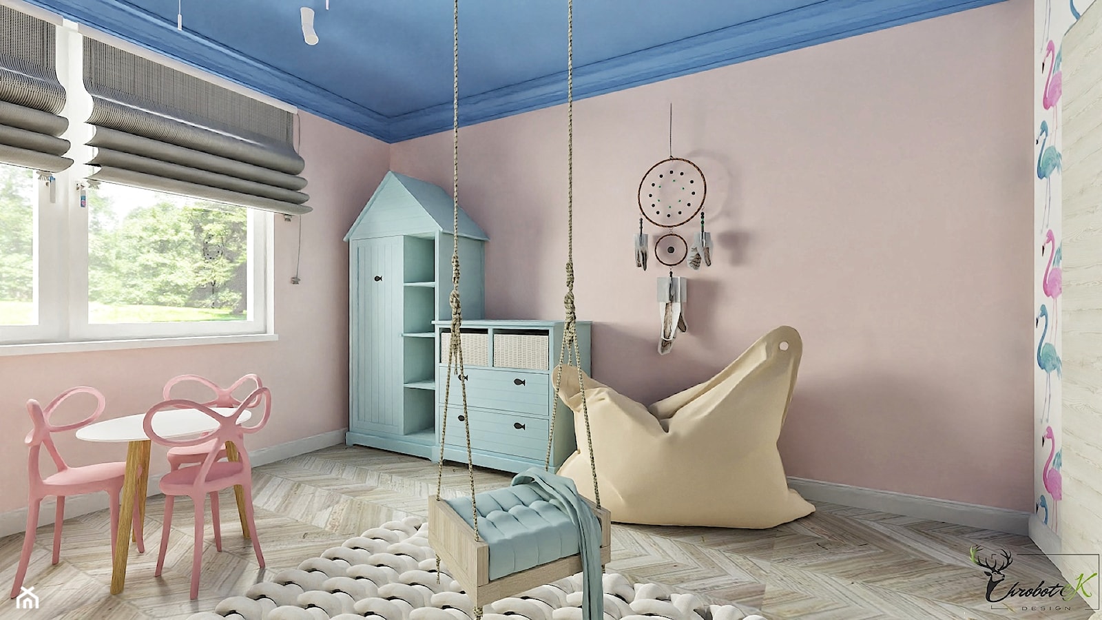 Pokój dla dziewczynki 2 - Duży różowy niebieski pokój dziecka dla dziecka dla dziewczynki, styl now ... - zdjęcie od Chrobotek Design - Homebook