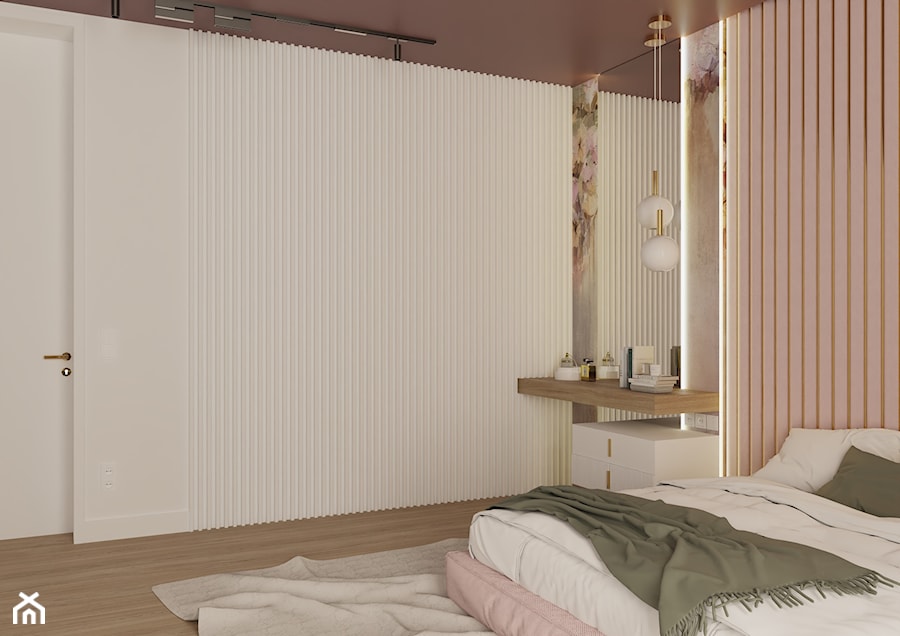 Kobica sypialnia w odcieniach różu, bieli oraz śliwki - zdjęcie od Mastmi design