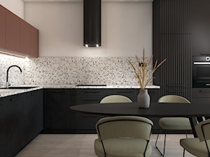 Cozy minimalism - Średnia otwarta z salonem z kamiennym blatem biała szara z zabudowaną lodówką z nablatowym zlewozmywakiem kuchnia w kształcie litery l, styl minimalistyczny - zdjęcie od PROSTY UKŁAD - ARCHITEKTURA WNĘTRZ