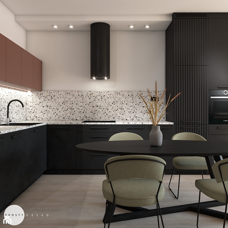 Cozy minimalism - Średnia otwarta z salonem z kamiennym blatem biała szara z zabudowaną lodówką z nablatowym zlewozmywakiem kuchnia w kształcie litery l, styl minimalistyczny - zdjęcie od PROSTY UKŁAD - ARCHITEKTURA WNĘTRZ