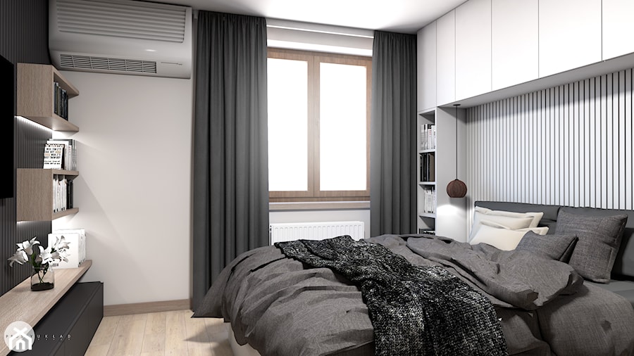 Sypialnia w dwóch odsłonach - Średnia czarna szara sypialnia, styl nowoczesny - zdjęcie od PROSTY UKŁAD - ARCHITEKTURA WNĘTRZ