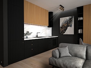 Projekt strefy dziennej w czerni - Mała otwarta z salonem biała czarna z zabudowaną lodówką z nablatowym zlewozmywakiem kuchnia jednorzędowa z oknem, styl nowoczesny - zdjęcie od PROSTY UKŁAD - ARCHITEKTURA WNĘTRZ