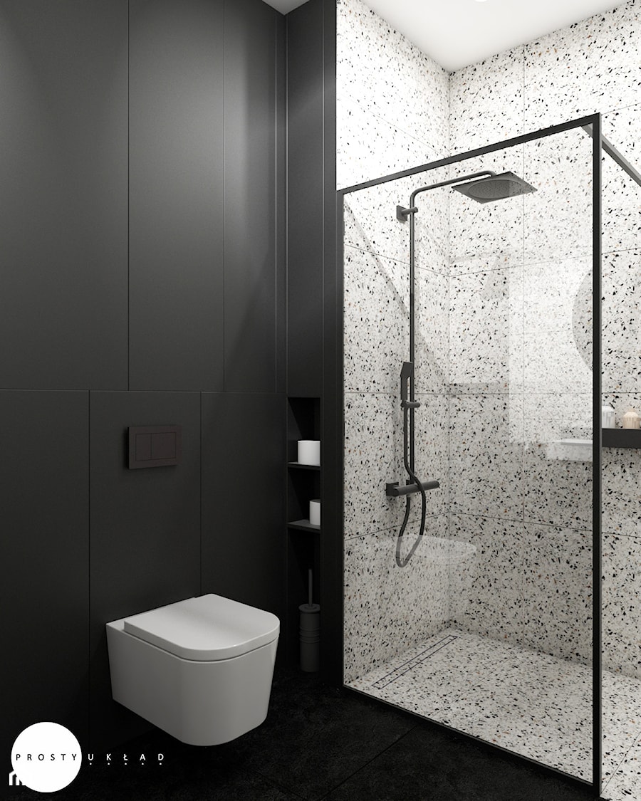 Cozy minimalism - Bez okna z marmurową podłogą łazienka, styl minimalistyczny - zdjęcie od PROSTY UKŁAD - ARCHITEKTURA WNĘTRZ