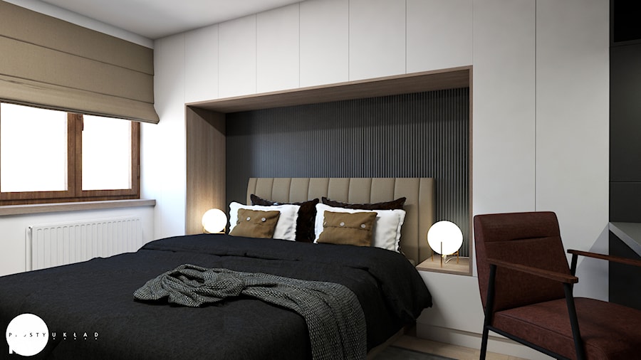 Sypialnia w dwóch odsłonach - Mała biała czarna z biurkiem sypialnia, styl nowoczesny - zdjęcie od PROSTY UKŁAD - ARCHITEKTURA WNĘTRZ