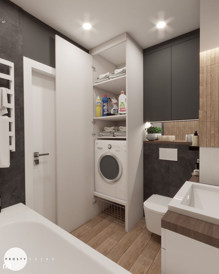 Łazienka w bloku w dwóch wersjach - Mała bez okna z pralką / suszarką z punktowym oświetleniem łazienka, styl nowoczesny - zdjęcie od PROSTY UKŁAD - ARCHITEKTURA WNĘTRZ