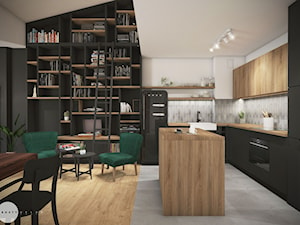 Mieszkanie 80 m2 Kraków - Średni czarny szary salon z kuchnią z jadalnią, styl nowoczesny - zdjęcie od PROSTY UKŁAD - ARCHITEKTURA WNĘTRZ