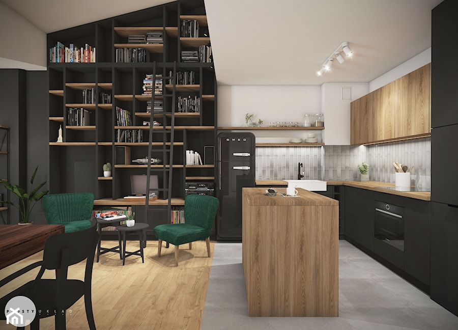 Mieszkanie 80 m2 Kraków - Średni czarny szary salon z kuchnią z jadalnią, styl nowoczesny - zdjęcie od PROSTY UKŁAD - ARCHITEKTURA WNĘTRZ