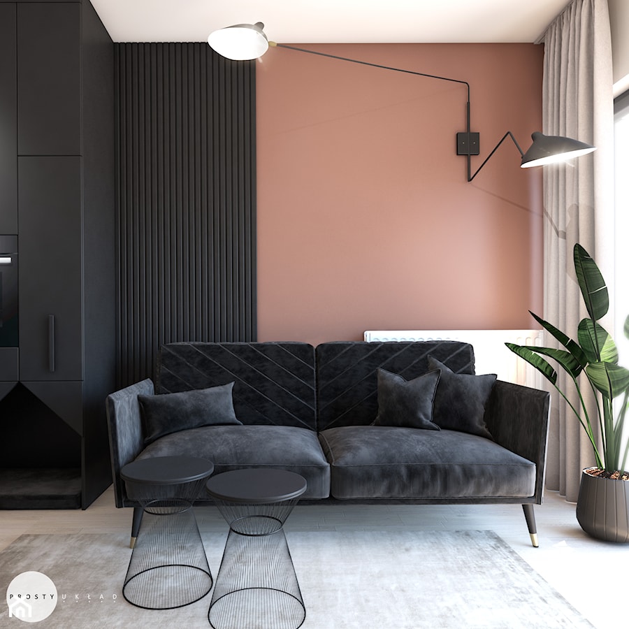 Cozy minimalism - Mały czarny różowy salon, styl nowoczesny - zdjęcie od PROSTY UKŁAD - ARCHITEKTURA WNĘTRZ