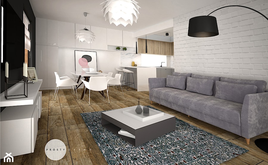 Projekt strefy dziennej - mieszkanie w Krakowie - Średni biały szary salon z kuchnią z jadalnią, styl nowoczesny - zdjęcie od PROSTY UKŁAD - ARCHITEKTURA WNĘTRZ