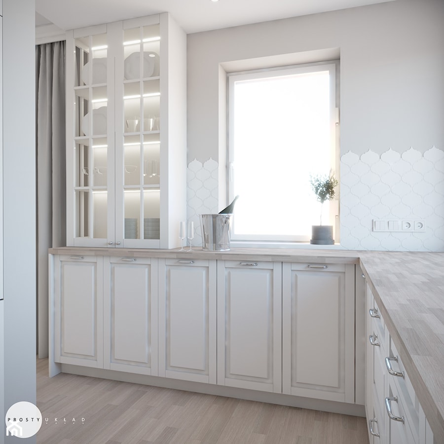 Kuchnia i łazienka w stylu Nowojorskim - Mała zamknięta biała szara z zabudowaną lodówką kuchnia w kształcie litery l z oknem, styl glamour - zdjęcie od PROSTY UKŁAD - ARCHITEKTURA WNĘTRZ