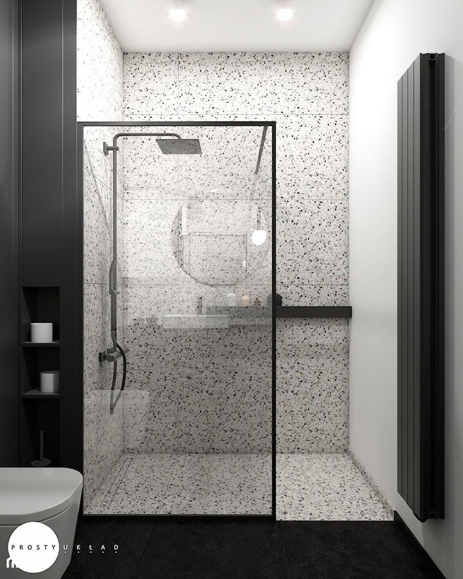 Cozy minimalism - Mała bez okna z marmurową podłogą z punktowym oświetleniem łazienka, styl minimalistyczny - zdjęcie od PROSTY UKŁAD - ARCHITEKTURA WNĘTRZ