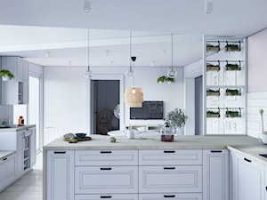Kuchnia marzeń - Średnia otwarta z salonem biała różowa z zabudowaną lodówką z nablatowym zlewozmywakiem kuchnia w kształcie litery l z oknem, styl skandynawski - zdjęcie od StudioDobryPomysł