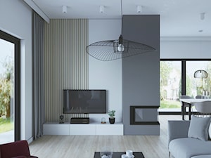 Nowoczesny dom dla czteroosobowej rodziny - Duży biały szary salon z jadalnią, styl nowoczesny - zdjęcie od StudioDobryPomysł