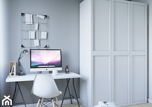 Mieszkanie na wynajem - Mała biała szara z biurkiem sypialnia, styl skandynawski - zdjęcie od StudioDobryPomysł