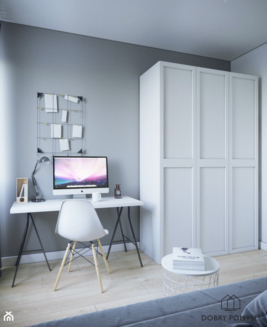 Mieszkanie na wynajem - Mała biała szara z biurkiem sypialnia, styl skandynawski - zdjęcie od StudioDobryPomysł