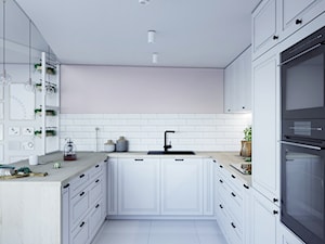 Kuchnia marzeń - Średnia otwarta z salonem biała szara z zabudowaną lodówką z nablatowym zlewozmywakiem kuchnia w kształcie litery u, styl skandynawski - zdjęcie od StudioDobryPomysł