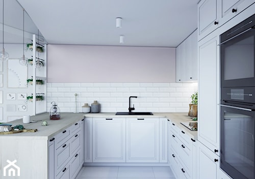 Kuchnia marzeń - Średnia otwarta z salonem biała szara z zabudowaną lodówką z nablatowym zlewozmywakiem kuchnia w kształcie litery u, styl skandynawski - zdjęcie od StudioDobryPomysł