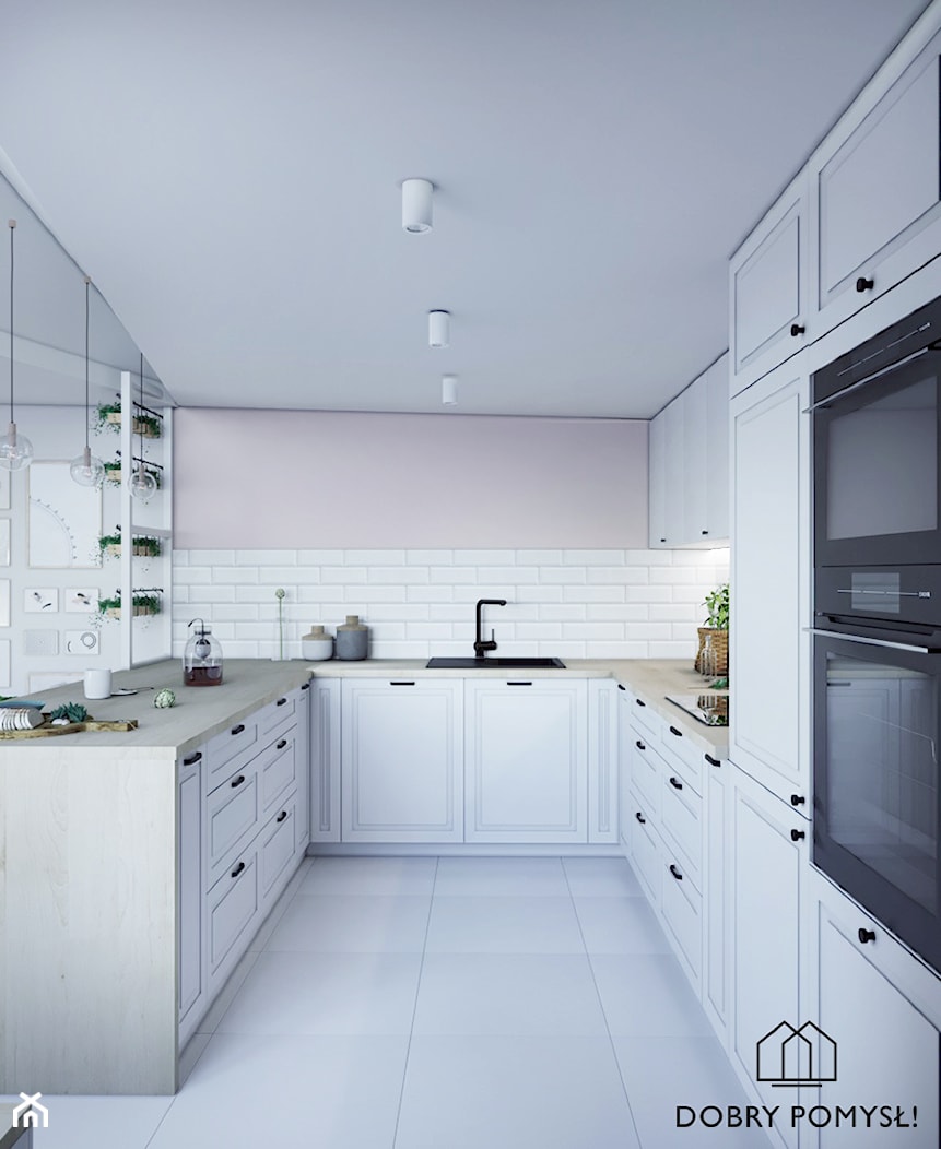 Kuchnia marzeń - Średnia otwarta z salonem biała szara z zabudowaną lodówką z nablatowym zlewozmywakiem kuchnia w kształcie litery u, styl skandynawski - zdjęcie od StudioDobryPomysł - Homebook