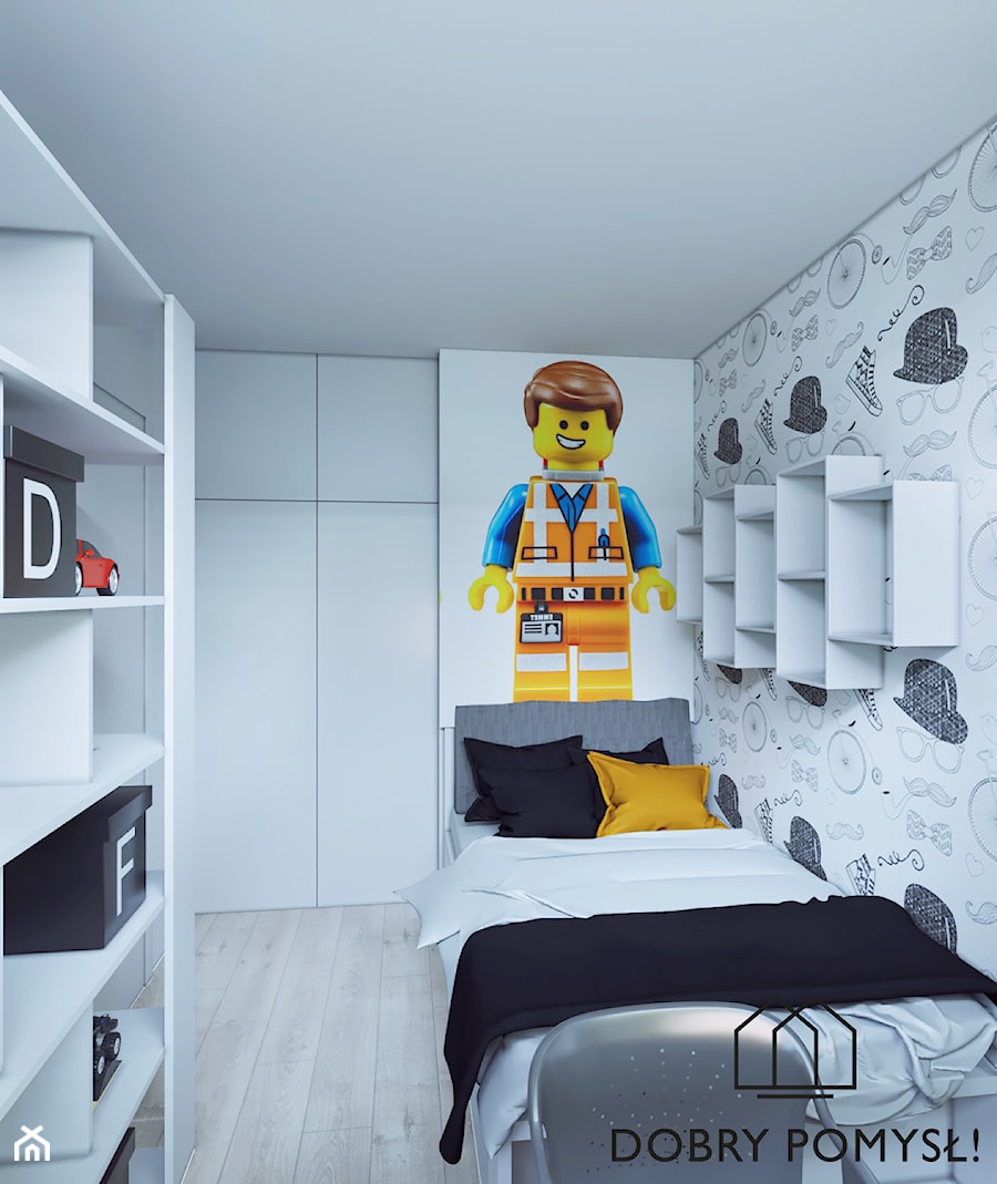 Industrialny szyk ♣️♠️🖤🌸🌿🍀 - Mały biały szary pokój dziecka dla dziecka dla nastolatka dla chłopca, styl skandynawski - zdjęcie od StudioDobryPomysł