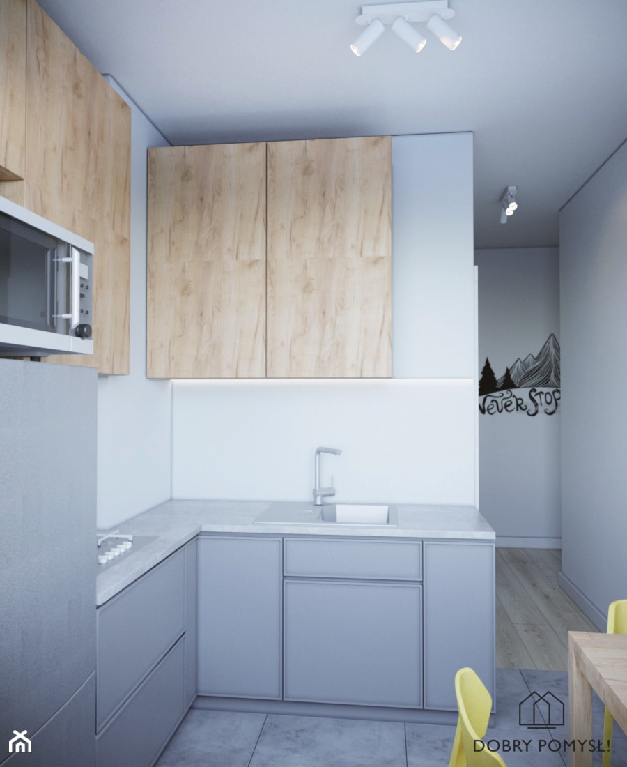 Mieszkanie na wynajem - Mała zamknięta z kamiennym blatem biała z zabudowaną lodówką z nablatowym zlewozmywakiem kuchnia w kształcie litery g z oknem, styl skandynawski - zdjęcie od StudioDobryPomysł