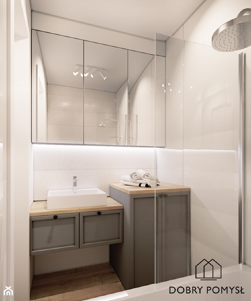 Mieszkanie w bloku z wielkiej płyty - Mała bez okna z lustrem z punktowym oświetleniem łazienka, styl skandynawski - zdjęcie od StudioDobryPomysł - Homebook