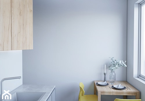 Mieszkanie na wynajem - Mała otwarta z kamiennym blatem szara z zabudowaną lodówką z nablatowym zlewozmywakiem kuchnia w kształcie litery l z oknem, styl skandynawski - zdjęcie od StudioDobryPomysł