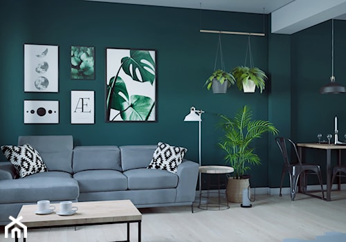 Wnętrze pełne zieleni - Średni zielony salon z jadalnią, styl skandynawski - zdjęcie od StudioDobryPomysł