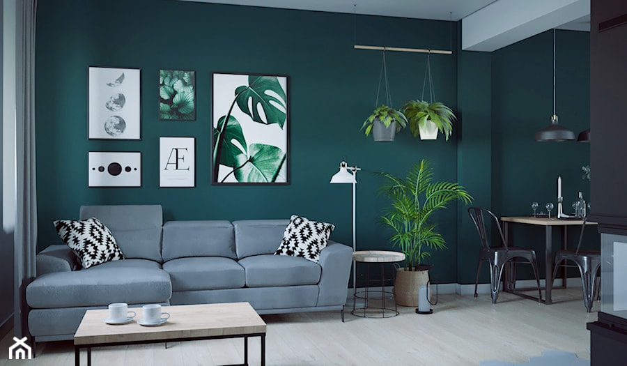 Wnętrze pełne zieleni - Średni zielony salon z jadalnią, styl skandynawski - zdjęcie od StudioDobryPomysł