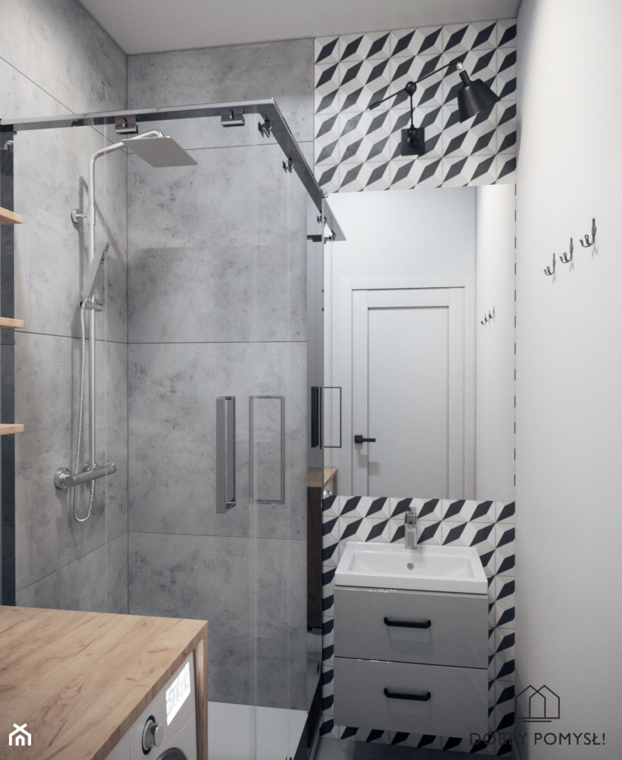 Mieszkanie na wynajem - Mała bez okna z pralką / suszarką z lustrem łazienka, styl skandynawski - zdjęcie od StudioDobryPomysł