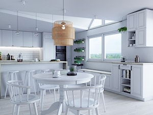 Kuchnia marzeń - Duża otwarta z salonem z kamiennym blatem biała z zabudowaną lodówką kuchnia w kształcie litery l z wyspą lub półwyspem z oknem, styl skandynawski - zdjęcie od StudioDobryPomysł